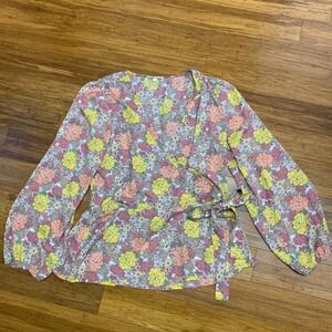 Pleione Floral Wrap Blouse Top Long Sleeve Tie Waist Women Size XL V-Neck Casual